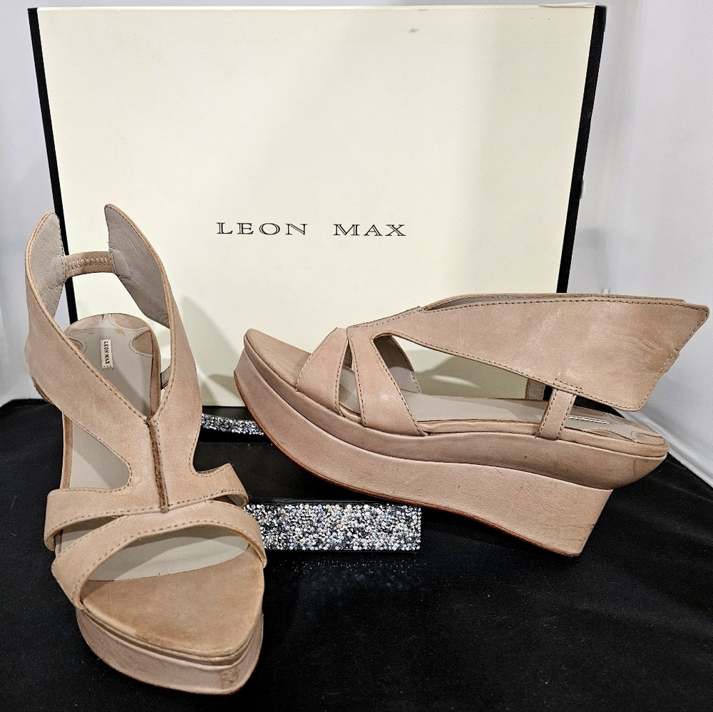 LEON MAX platform leather sandals 8.5 Bale taupe GUC tan statement shoes - Picture 2 of 16